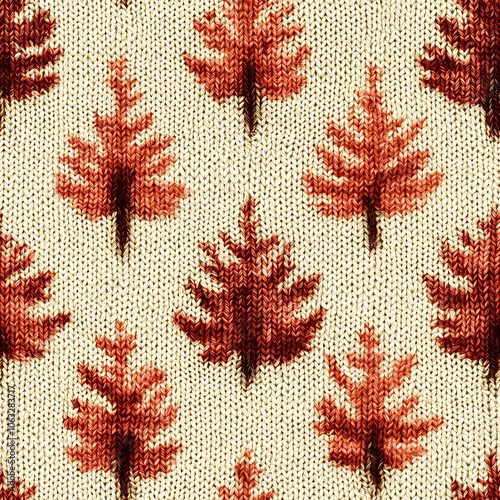 Create warm knitted seamless pattern featuring burnt orange trees on cream background, perfect for cozy textiles and autumn themed designs