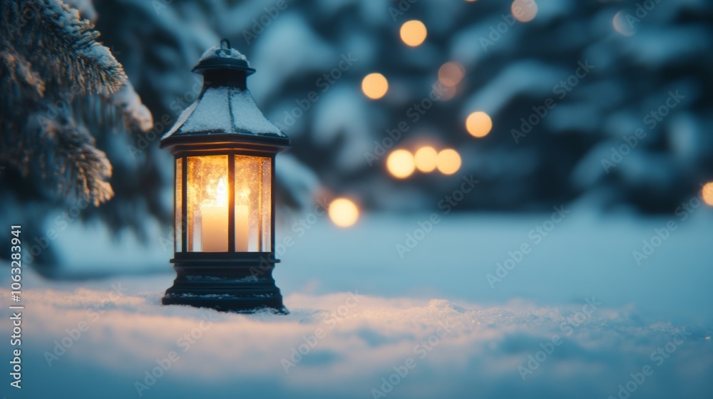 A lantern glowing in the snow, creating a cozy winter ambiance. A lantern glowing in the snow, creating a cozy winter ambiance.
