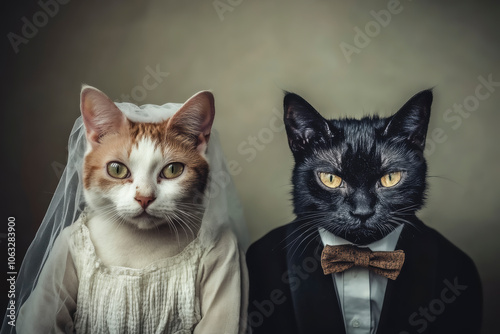 A pair of cats dressed in wedding attire with one cat donning a veil, illustrating a charming and imaginative depiction of feline marriage in formal settings. photo