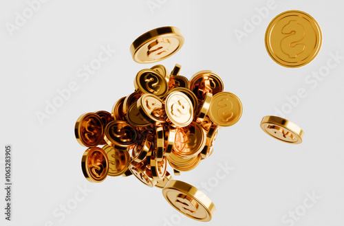 Golden coins with dollar sign flying and spinning on white background. 3d animation and visualization.