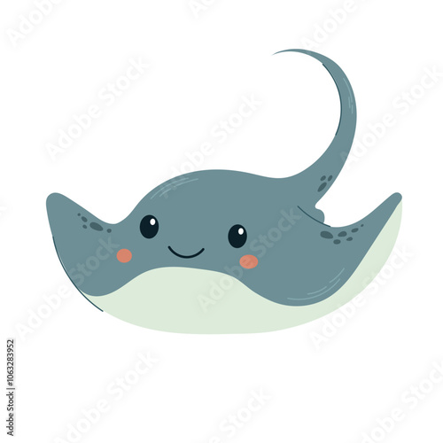 Funny cute Stingray illustration. Nice underwater ocean animal character. Vector illustration, flat. For children nursery,