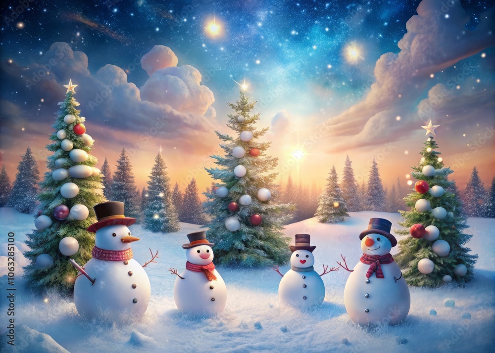 Obraz premium Surreal Happy New Year Greeting Card Featuring Snowmen in a Winter Wonderland with Copyspace for Personal Messages and Festive Wishes in a Magical Christmas Landscape