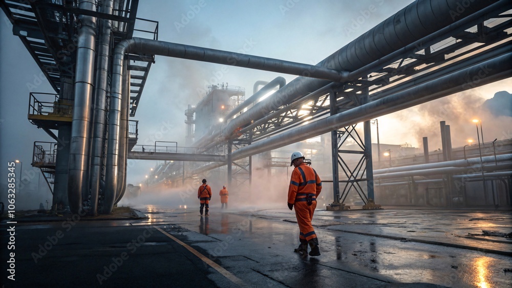 custom made wallpaper toronto digitalOil refinery at dusk, Workers in orange suits, moody sky V6