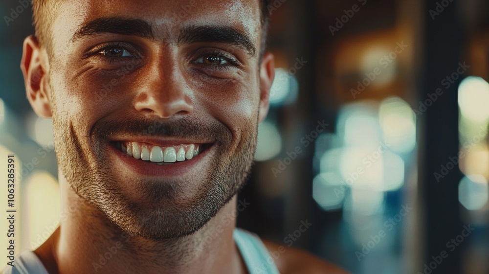 Close-up of athlete smiling after workout, showcasing accomplishment and joy of physical fitness Close-up of athlete smiling after workout, showcasing accomplishment and joy of physical fitness