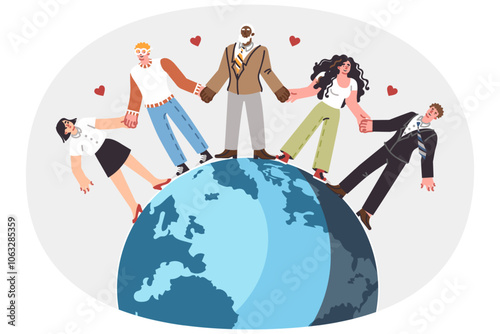 International friendship among people holding hands, standing on globe and calling for peace