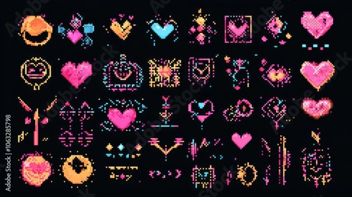 Set of pixel art arrows, smiles, eyes, love hearts, abstract geometric figures in 8bit retro style. Pixelated y2k trendy stickers, simple shapes, rave futuristic cyberpunk elements on black background