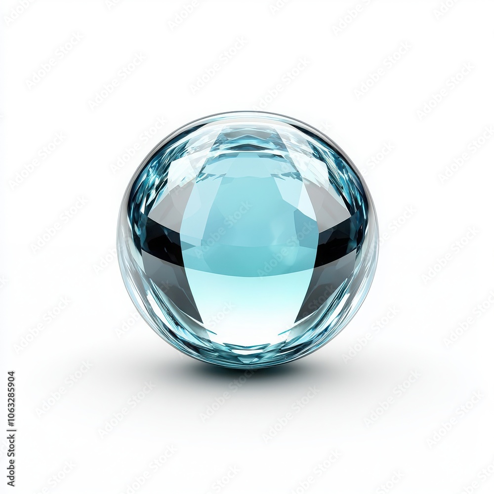 Crystal blue sphere with a reflective surface, white isolated background.