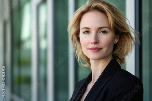A woman in a black jacket stands outside a building Free Download A woman in a black jacket stands outside a building - GFXLoad