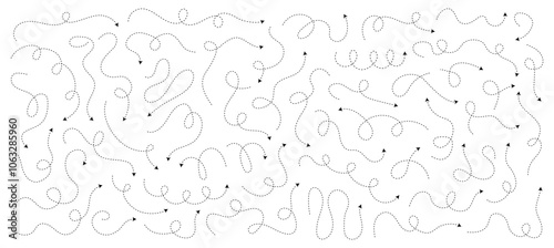 Collection of squiggle dash line direction arrows. Dashed line hand drawn curved vector arrows icons