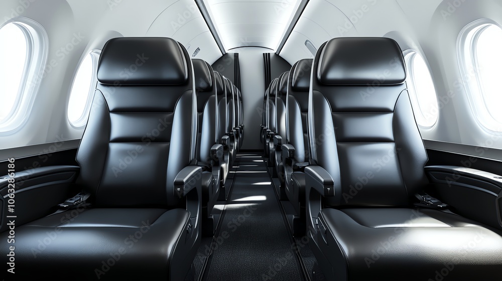 Fototapeta premium Empty airplane cabin seats with black leather seats and white overhead lighting.