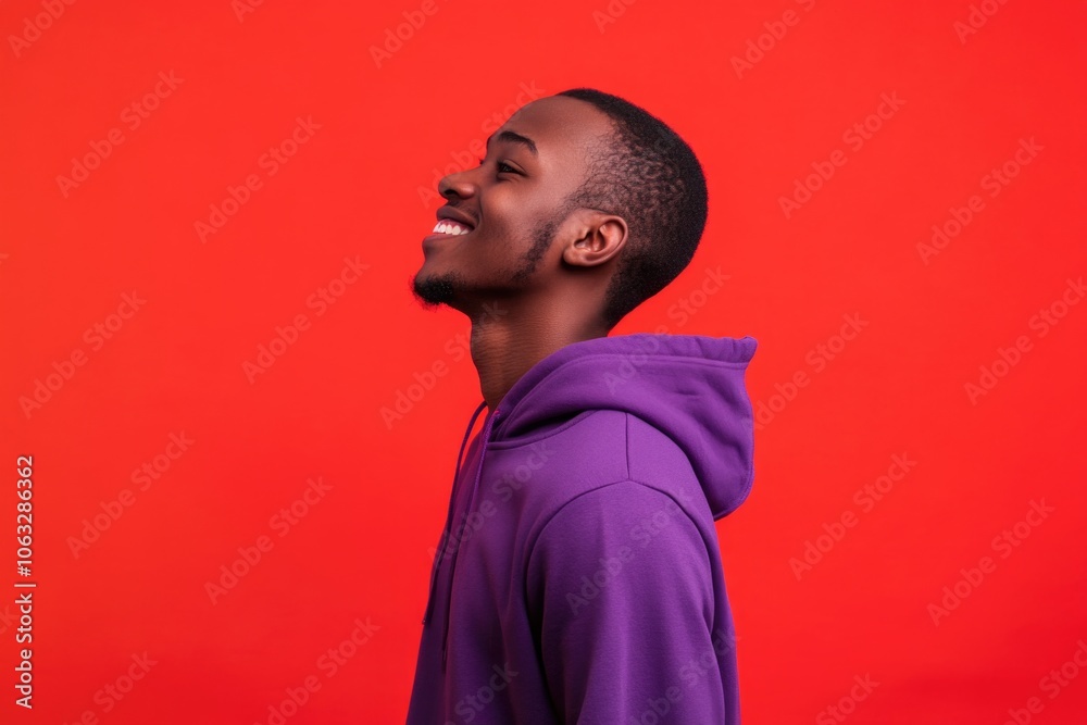 A person wearing a purple hoodie looking upwards with a contemplative expression A person wearing a purple hoodie looking upwards with a contemplative expression