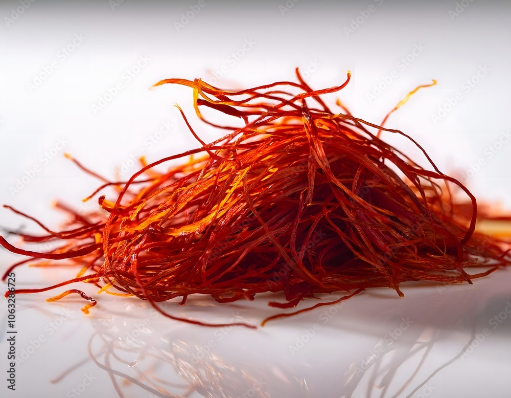 Fototapeta premium High-quality close-up of saffron threads on a plain white background