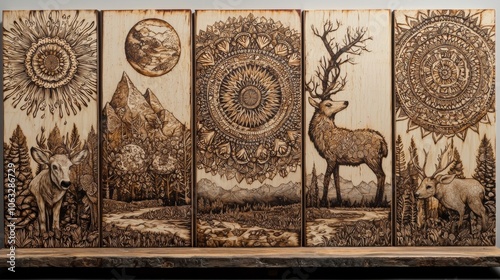 A series of pyrography panels depicting various themes like wildlife, mandalas, or landscapes photo