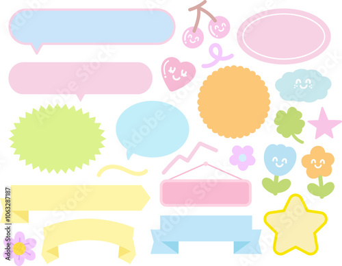 Pastel text bubbles with flowers, clover leaf, heart, star, cherry for cartoon, comic, dialogue, chatting, text, message, name tag, label, sign, symbol, sticker, print, cute patches, brooch, marketing