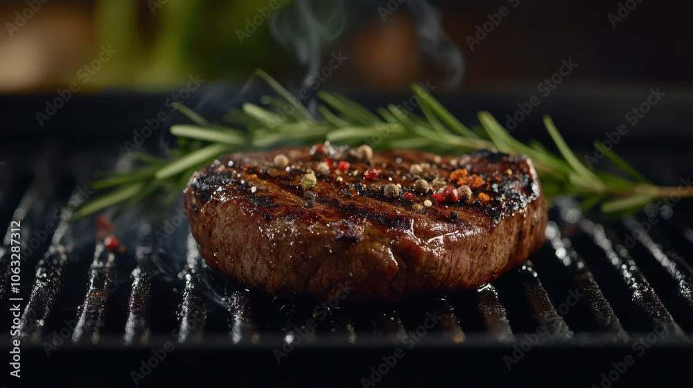 Sizzling grilled steak resting with rosemary and spices Sizzling grilled steak resting with rosemary and spices