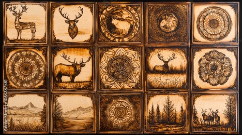 A series of pyrography panels depicting various themes like wildlife, mandalas, or landscapes photo