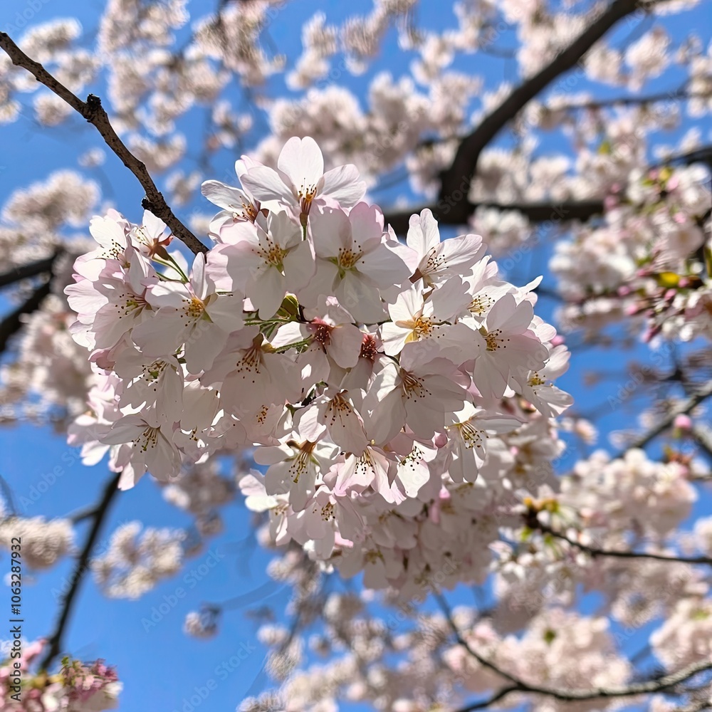 Cherry blossoms in full bloom against a clear blue sky Cherry blossoms in full bloom against a clear blue sky