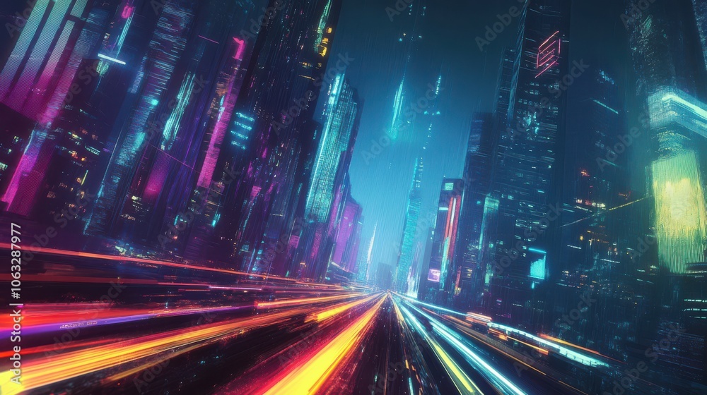 speed light trail takes the viewer through a smart modern mega city and skyscrapers town with neon futuristic technology background speed light trail takes the viewer through a smart modern mega city and skyscrapers town with neon futuristic technology background