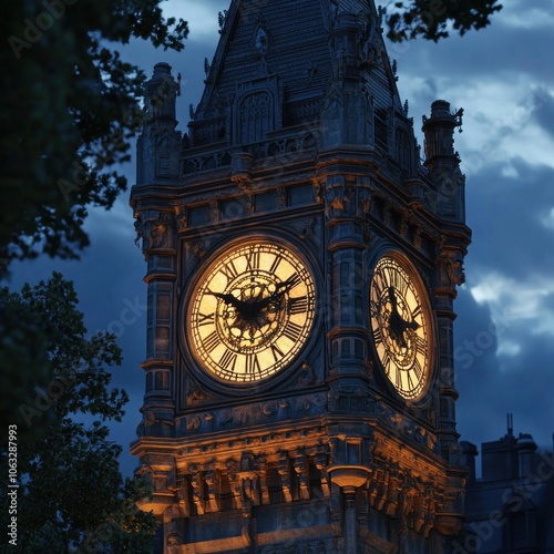 An intricately detailed clock tower at dusk, its face glowing warmly as the sky transitions to night.