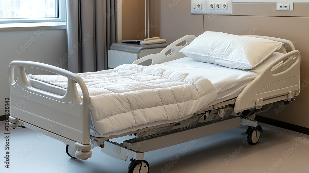 A hospital bed with white linens in a hospital room. A hospital bed with white linens in a hospital room.