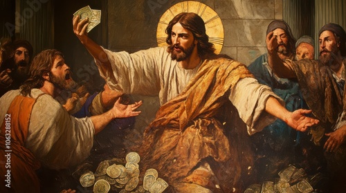 powerful depiction of Jesus casting out money changers from the temple, showing his zeal for purity in worship,
