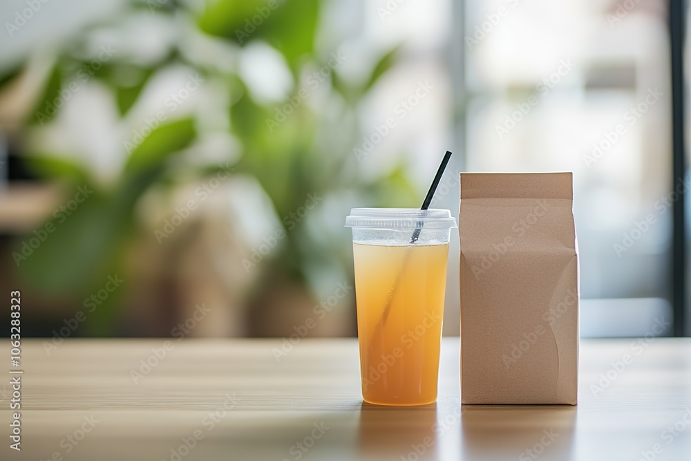 Juice in transparent cup with straw next to paper bag Juice in transparent cup with straw next to paper bag