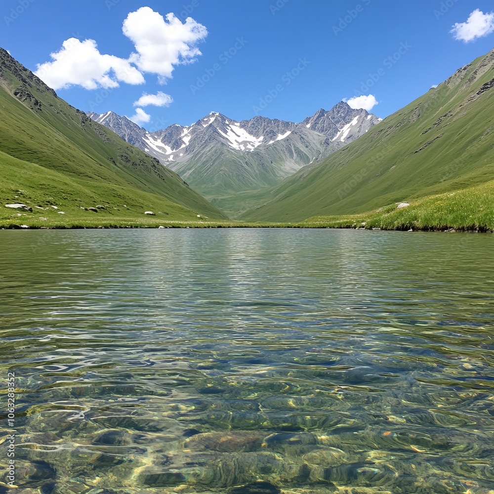 Serene mountain landscape with clear water and lush greenery. Serene mountain landscape with clear water and lush greenery.