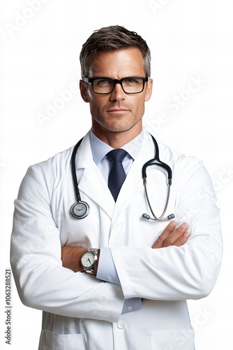 A confident male doctor in a white coat with arms crossed, wearing glasses and a stethoscope, exuding professionalism, expertise, and trust in the medical field