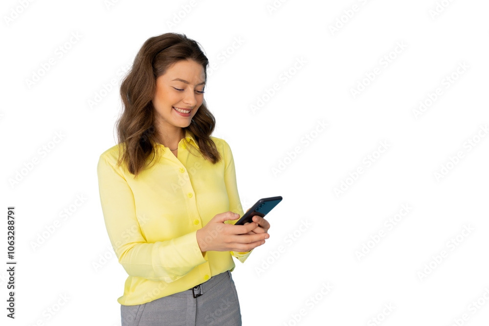 Businesswoman multitasking with her smartphone in hand Businesswoman multitasking with her smartphone in hand