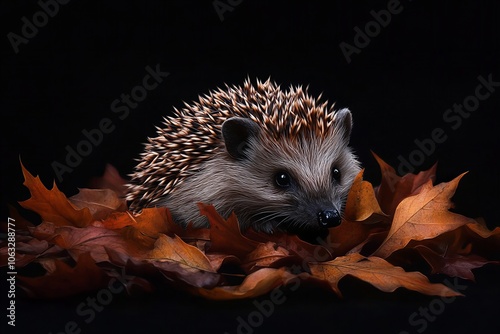 A cute hedgehog nestled among autumn leaves against a dark background, highlighting its spines and the warm colors of fall photo