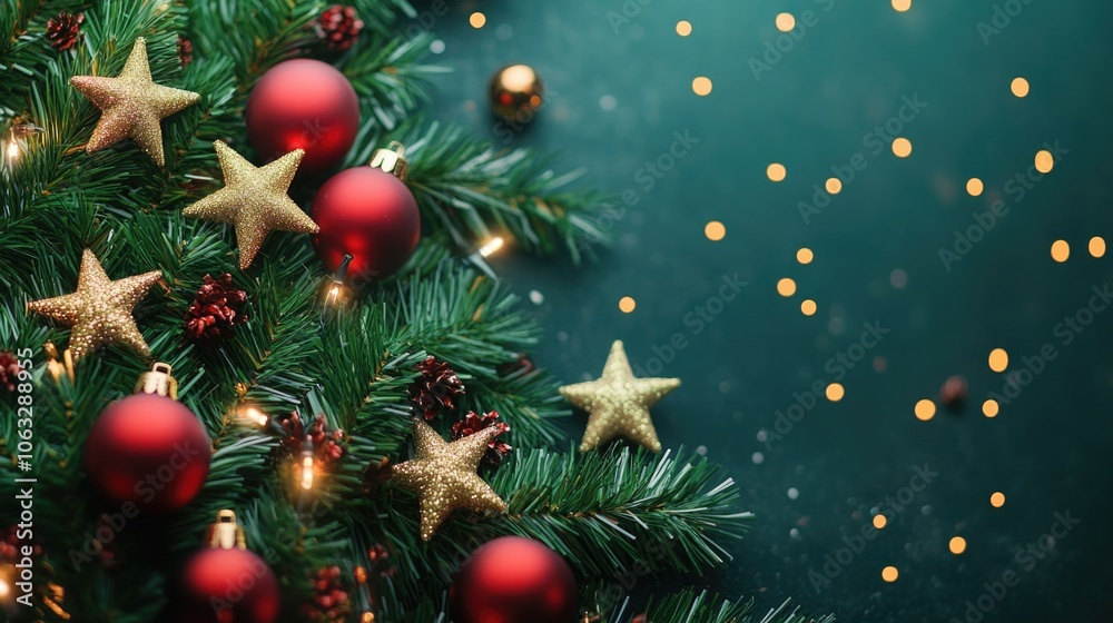 A close-up view of a Christmas tree decorated with colorful ornaments, perfect for holiday decorations or gift wrapping A close-up view of a Christmas tree decorated with colorful ornaments, perfect for holiday decorations or gift wrapping