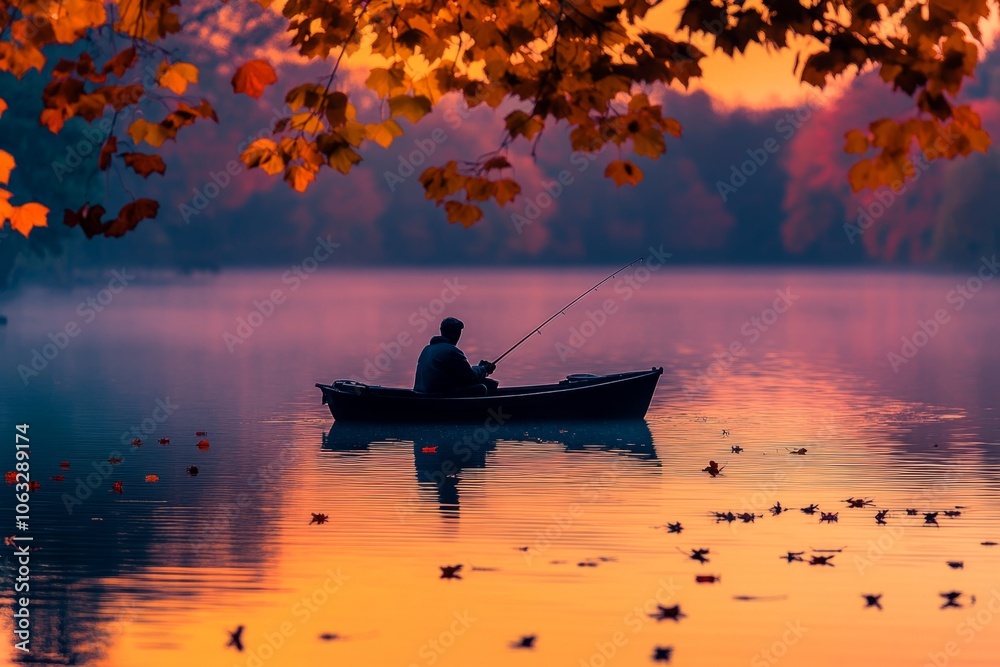 A serene sunset scene with a fisherman in a small boat. The calm water reflects vibrant colors of autumn. Nature meets peace in this picturesque moment. Generative AI.