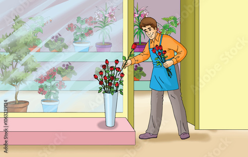 Florist man placing roses in vase.