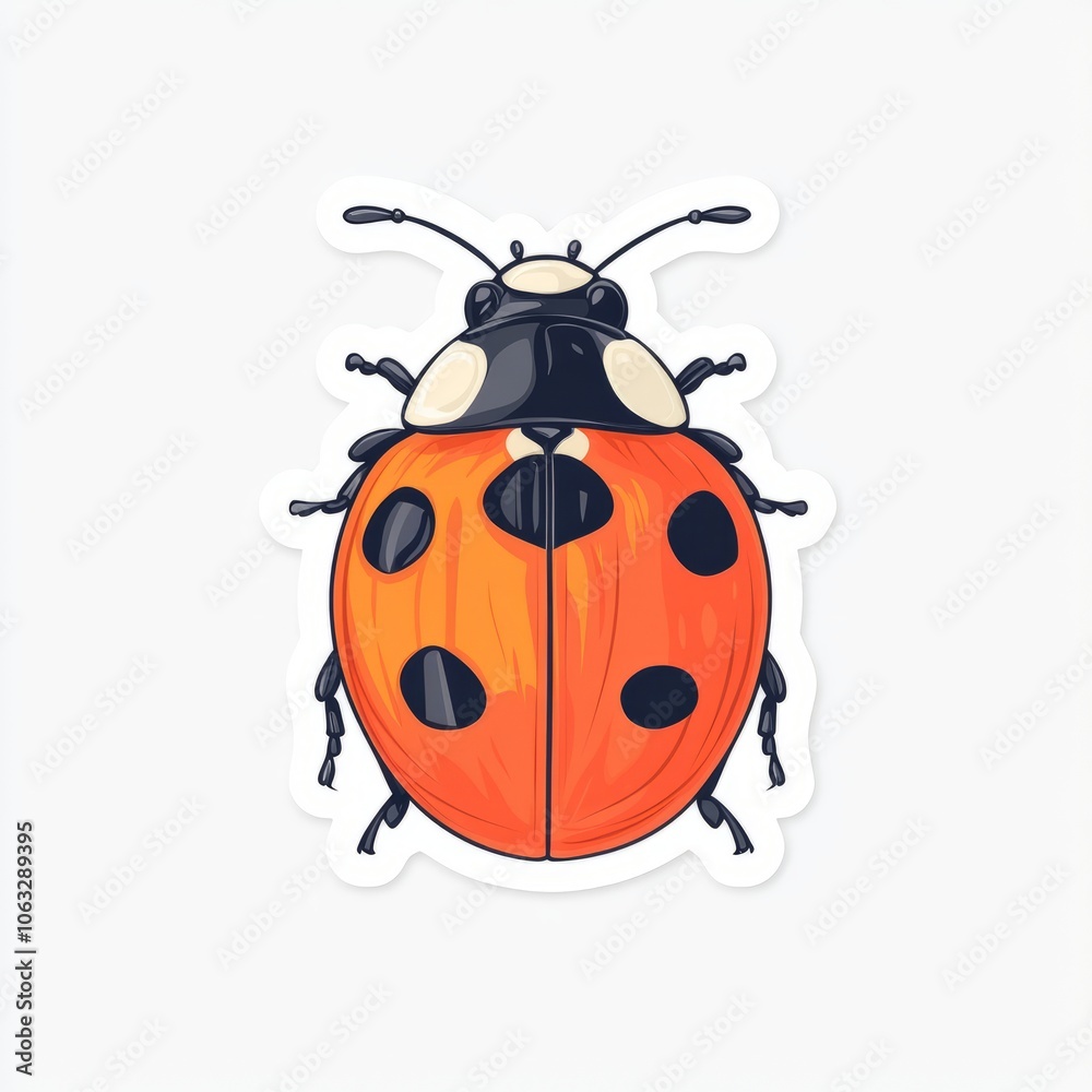 A colorful illustration of a ladybug with distinct black spots on its shell.