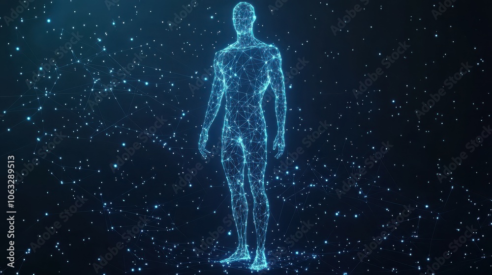 Human body low poly wireframe. Vector polygonal image in the form of a starry sky or space, consisting of points, lines, and shapes in the form of stars with destruct shapes. Human body low poly wireframe. Vector polygonal image in the form of a starry sky or space, consisting of points, lines, and shapes in the form of stars with destruct shapes.