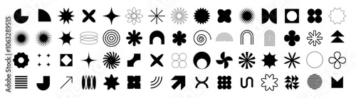 Set of figures in brutalism style. Geometric figures for decoration. Simple symbols of stars, spirals.