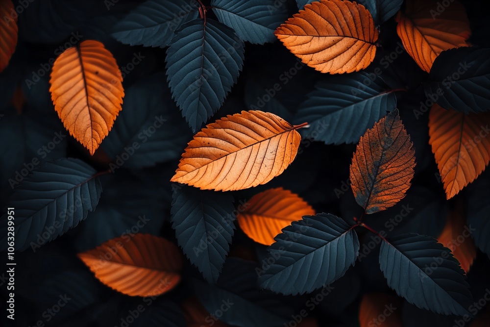 A striking arrangement of autumn leaves with contrasting dark and orange hues, creating a bold and artistic display that captures the essence of fall A striking arrangement of autumn leaves with contrasting dark and orange hues, creating a bold and artistic display that captures the essence of fall