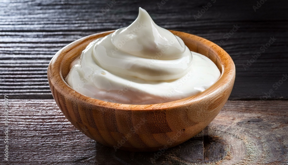 Sour cream in wooden bowl mayonnaise yogurt Sour cream in wooden bowl mayonnaise yogurt