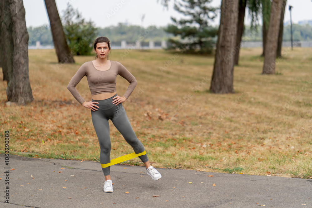 on the street in the park in the city center two girls in dark sportswear pumping up their legs and butt with yellow fitness band on the street in the park in the city center two girls in dark sportswear pumping up their legs and butt with yellow fitness band