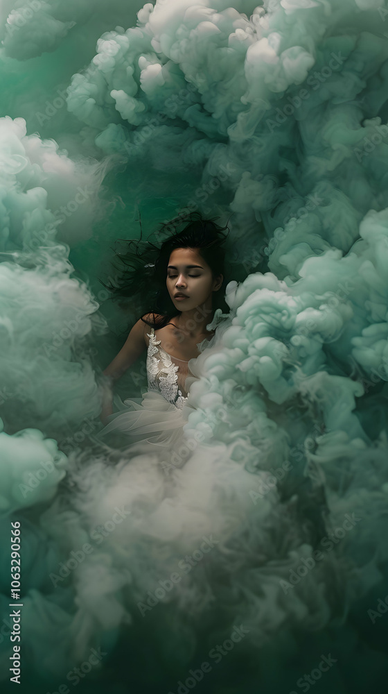 A serene figure submerged in ethereal green and white smoke, evoking tranquility and mystery. A serene figure submerged in ethereal green and white smoke, evoking tranquility and mystery.