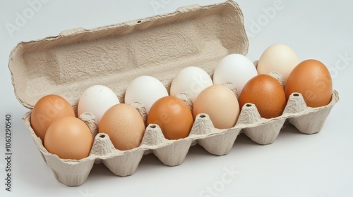 Fresh Eggs in Carton on White Background photo