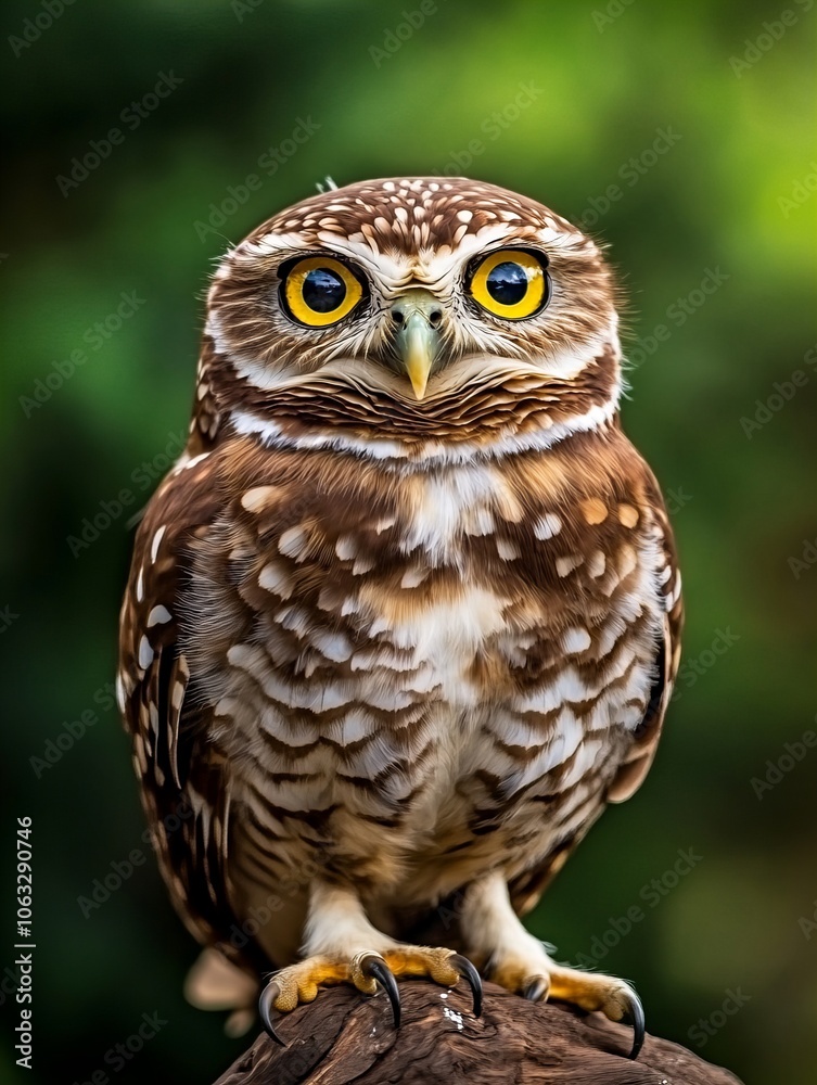 Close-up of a small brown owl with striking yellow eyes perched on a branch, set against a lush green background, highlighting the owl's detailed feathers and attentive gaze Close-up of a small brown owl with striking yellow eyes perched on a branch, set against a lush green background, highlighting the owl's detailed feathers and attentive gaze