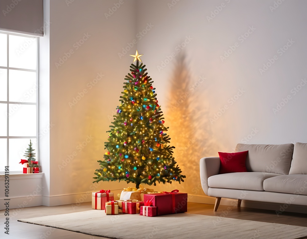 Christmas tree in a cozy room with Sofa, gift and light . Empty space for text. Christmas card, new year card, happy new year and Merry Christmas Christmas tree in a cozy room with Sofa, gift and light . Empty space for text. Christmas card, new year card, happy new year and Merry Christmas