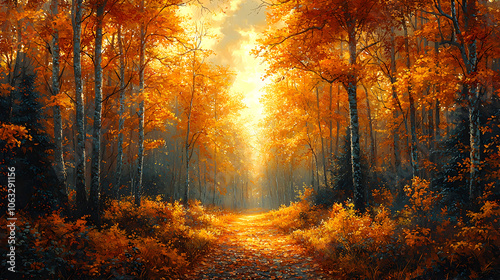 Sunlit autumn forest with golden trees.