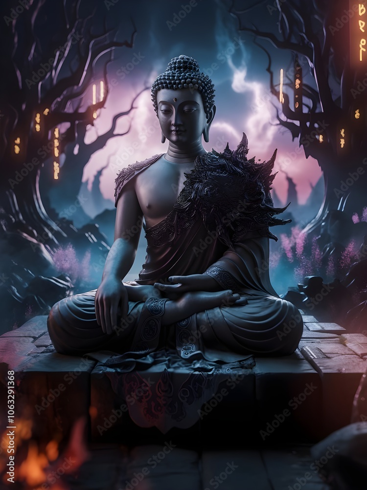 silhouette of the revered deity Buddha , fantasy portrait of Buddha, masterfully blending traditional elements silhouette of the revered deity Buddha , fantasy portrait of Buddha, masterfully blending traditional elements