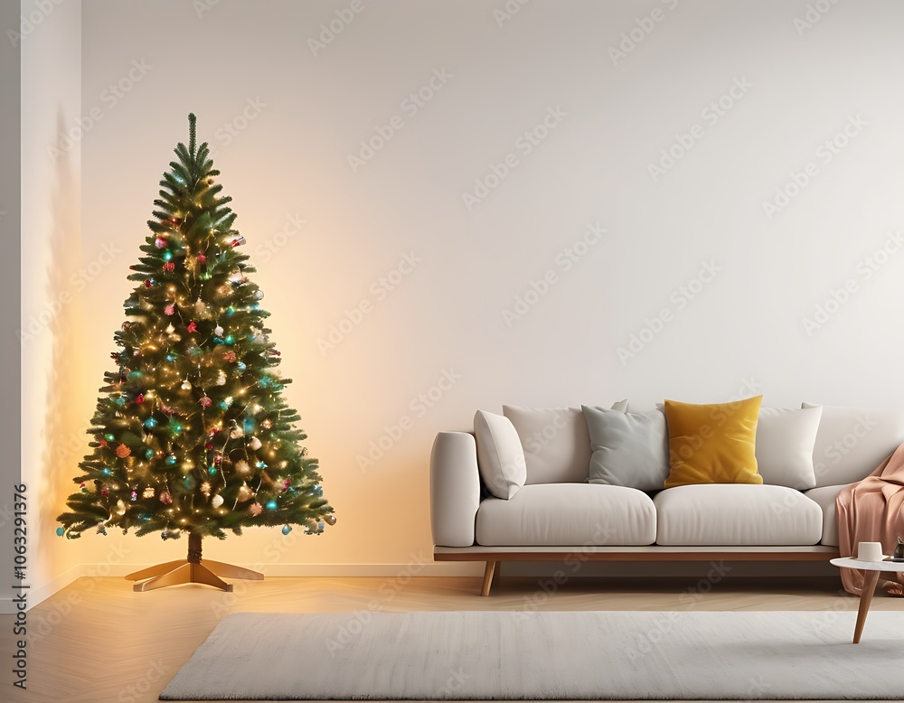 Christmas tree in a cozy room with Sofa, gift and light . Empty space for text. Christmas card, new year card, happy new year and Merry Christmas Christmas tree in a cozy room with Sofa, gift and light . Empty space for text. Christmas card, new year card, happy new year and Merry Christmas