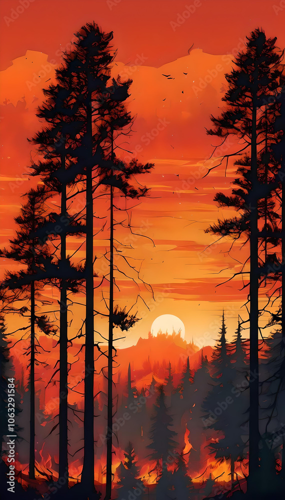 Dramatic Forest Fire at Sunset with Silhouetted Trees and Fiery Orange Sky Dramatic Forest Fire at Sunset with Silhouetted Trees and Fiery Orange Sky