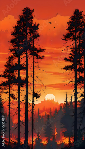 Dramatic Forest Fire at Sunset with Silhouetted Trees and Fiery Orange Sky