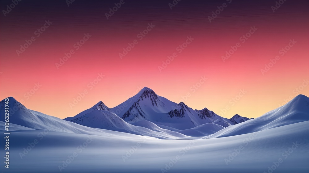 A serene snow-covered mountain range at sunset, with a vibrant gradient sky transitioning from deep orange to pink, creating a tranquil winter landscape A serene snow-covered mountain range at sunset, with a vibrant gradient sky transitioning from deep orange to pink, creating a tranquil winter landscape