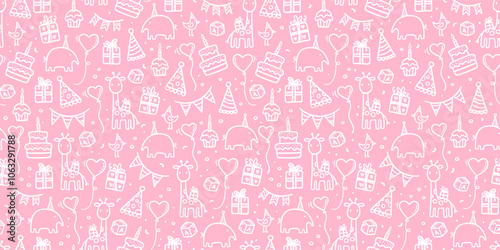 Fun hand drawn baby party seamless background with cakes, gift boxes, balloons and party decoration. Great for birthday parties, textiles, banners, wallpapers, wrapping - vector design